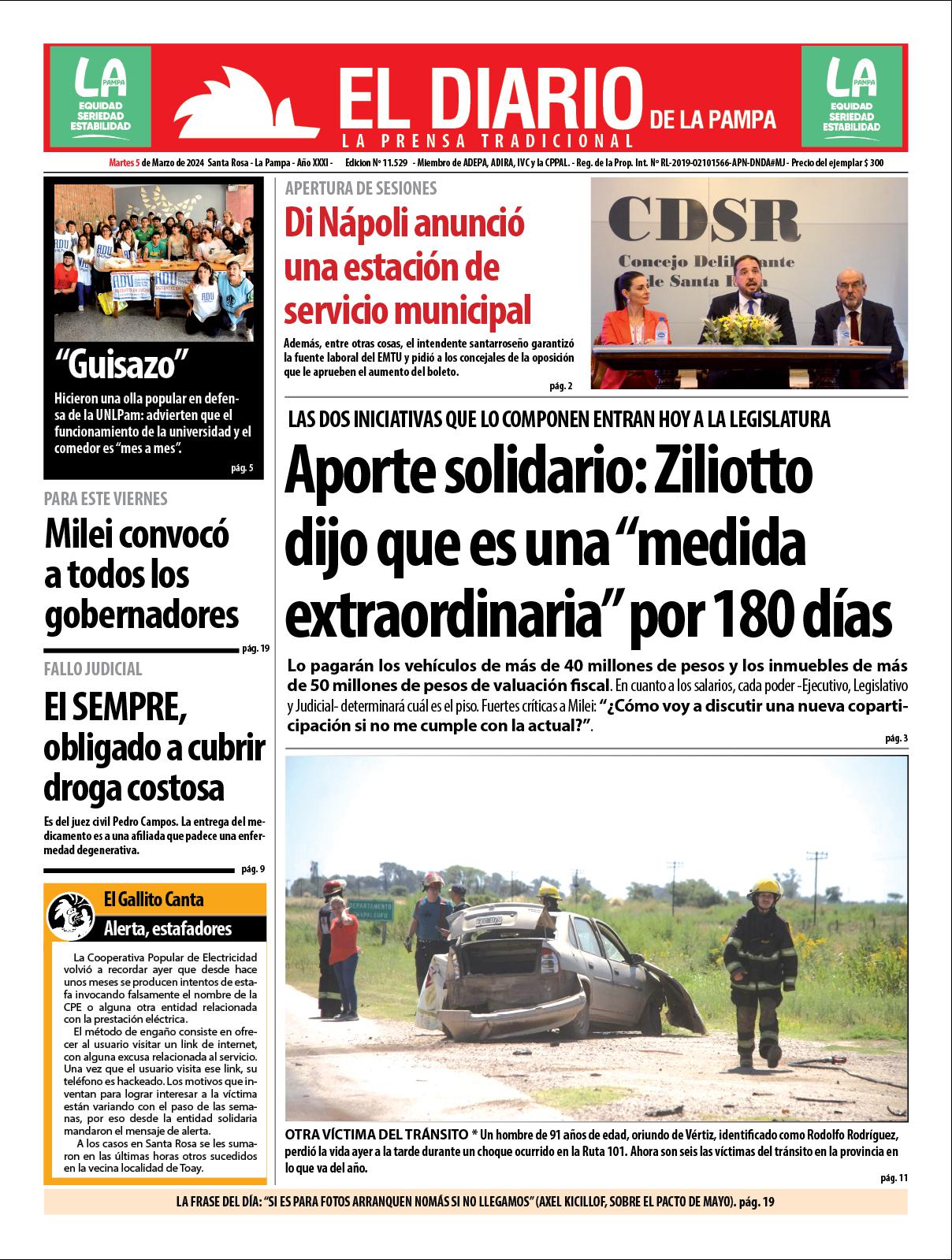 Tapa de El Diario en papel  martes 05 de marzo de 2024